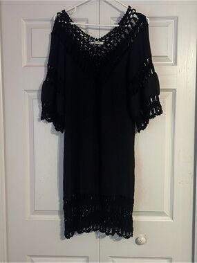 Black Crochet Trim Cold-Shoulder cover up dress